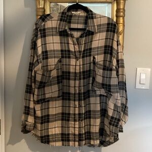 Easel black, blue, tan button down shirt with patch pockets in front